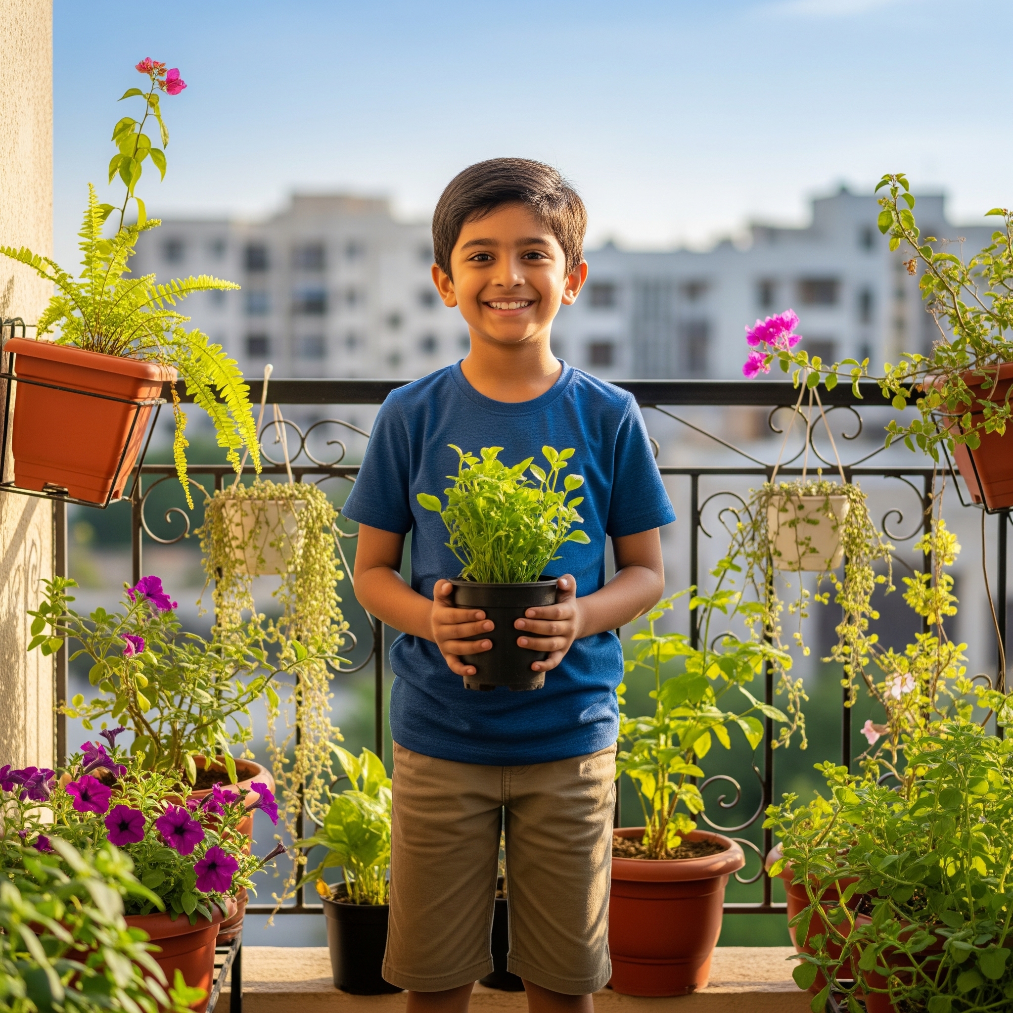 Happy customer with thriving balcony garden