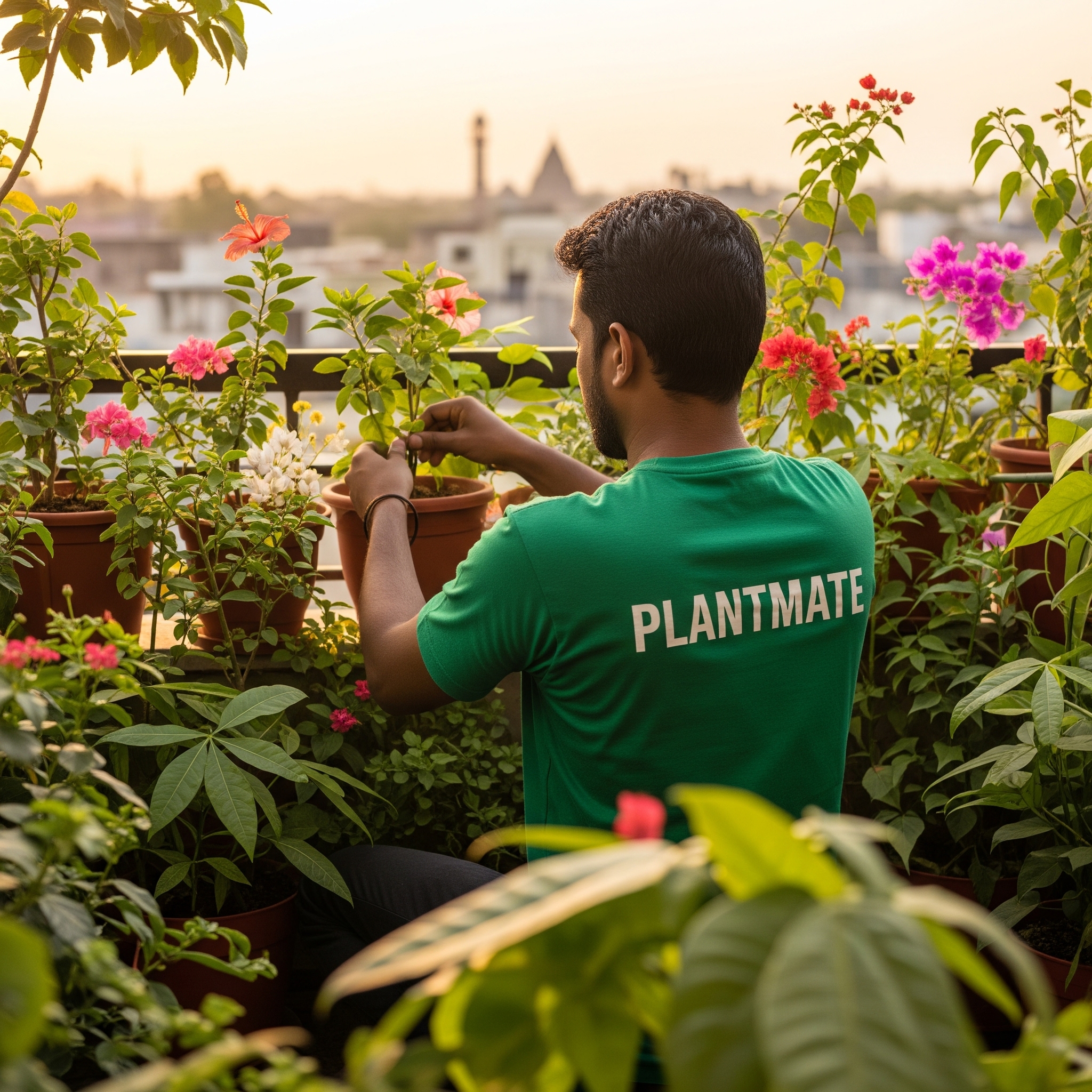 Professional gardener caring for plants